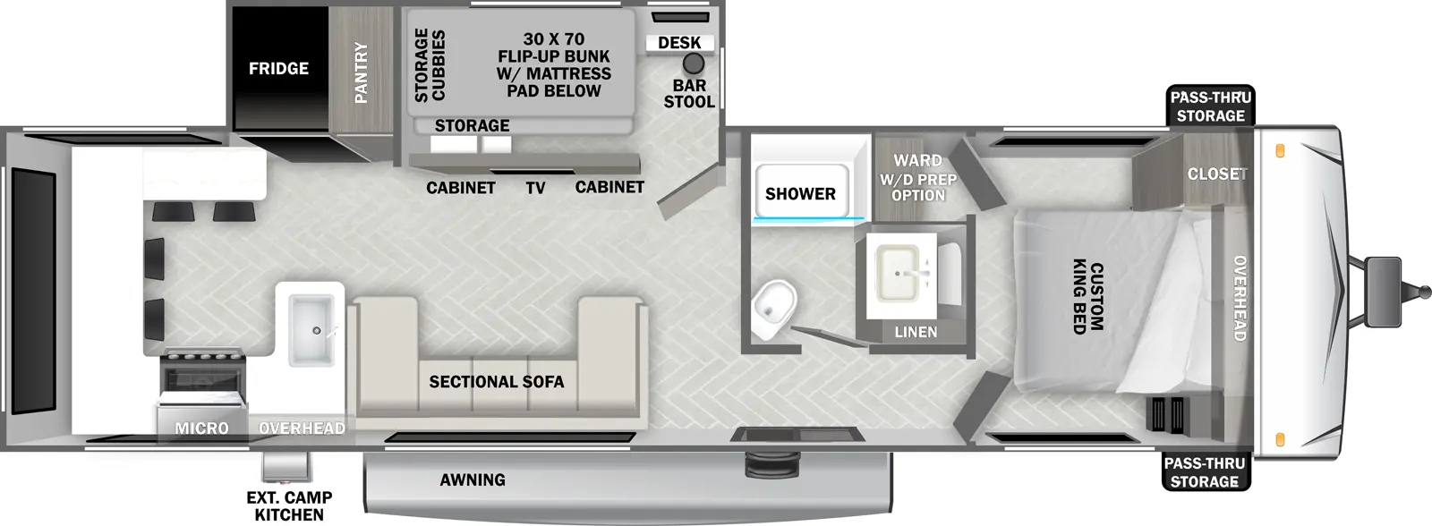 The Evo Southwest T2920 floorplan has one entry and one slide out. Exterior features include: metal exterior, 22' awning and outside kitchen. Interiors features include: bunk beds, rear kitchen and front bedroom.